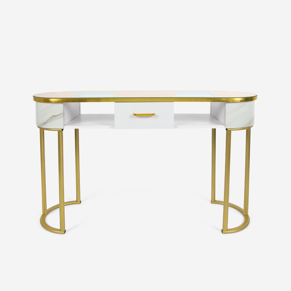 Table manucure esthéticienne en verre et métal doré effet marbre Jess Promotion Table manucure esthéticienne en verre et métal doré effet marbre Jess Promotion