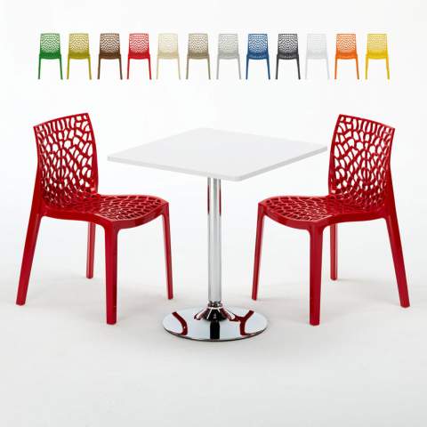 Vierkante salontafel Wit 70x70 cm met stalen onderstel en 2 gekleurde stoelen Gruvyer Cocktail
