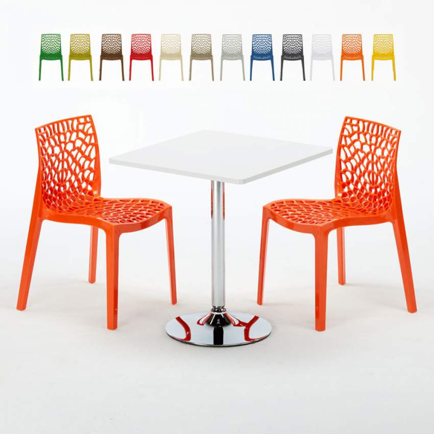 Vierkante salontafel wit 70x70 cm met stalen onderstel en 2 gekleurde stoelen Gruvyer Cocktail Verkoop Vierkante salontafel wit 70x70 cm met stalen onderstel en 2 gekleurde stoelen Gruvyer Cocktail Verkoop