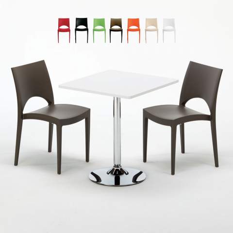 Vierkante salontafel Wit 70x70 cm met stalen onderstel en 2 gekleurde stoelen Paris Cocktail