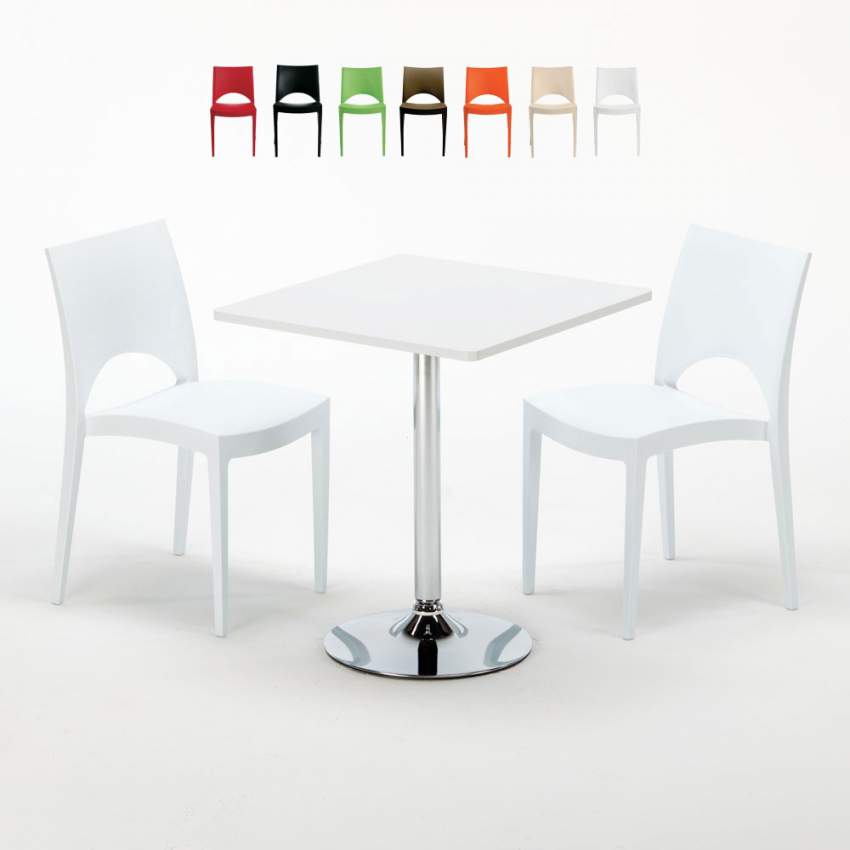Vierkante salontafel Wit 70x70 cm met stalen onderstel en 2 gekleurde stoelen Paris Cocktail Korting