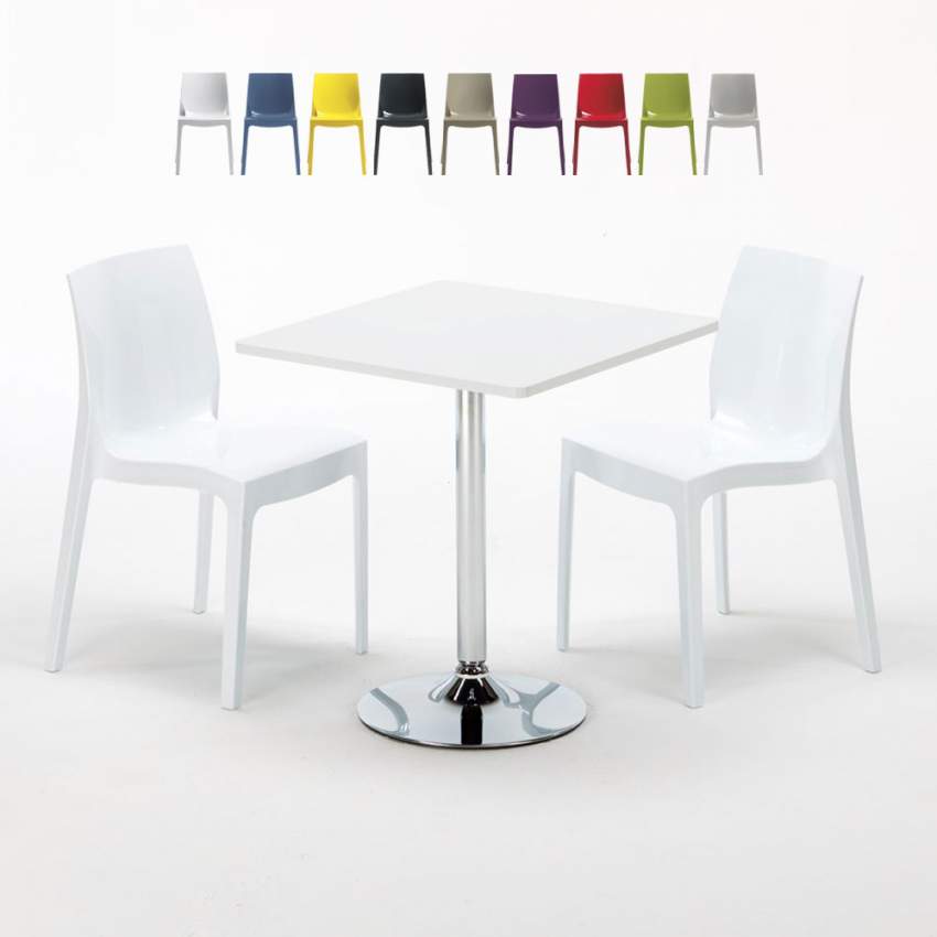 Vierkante salontafel wit 70x70 cm met stalen onderstel en 2 gekleurde stoelen Ice Cocktail Verkoop Vierkante salontafel wit 70x70 cm met stalen onderstel en 2 gekleurde stoelen Ice Cocktail Verkoop
