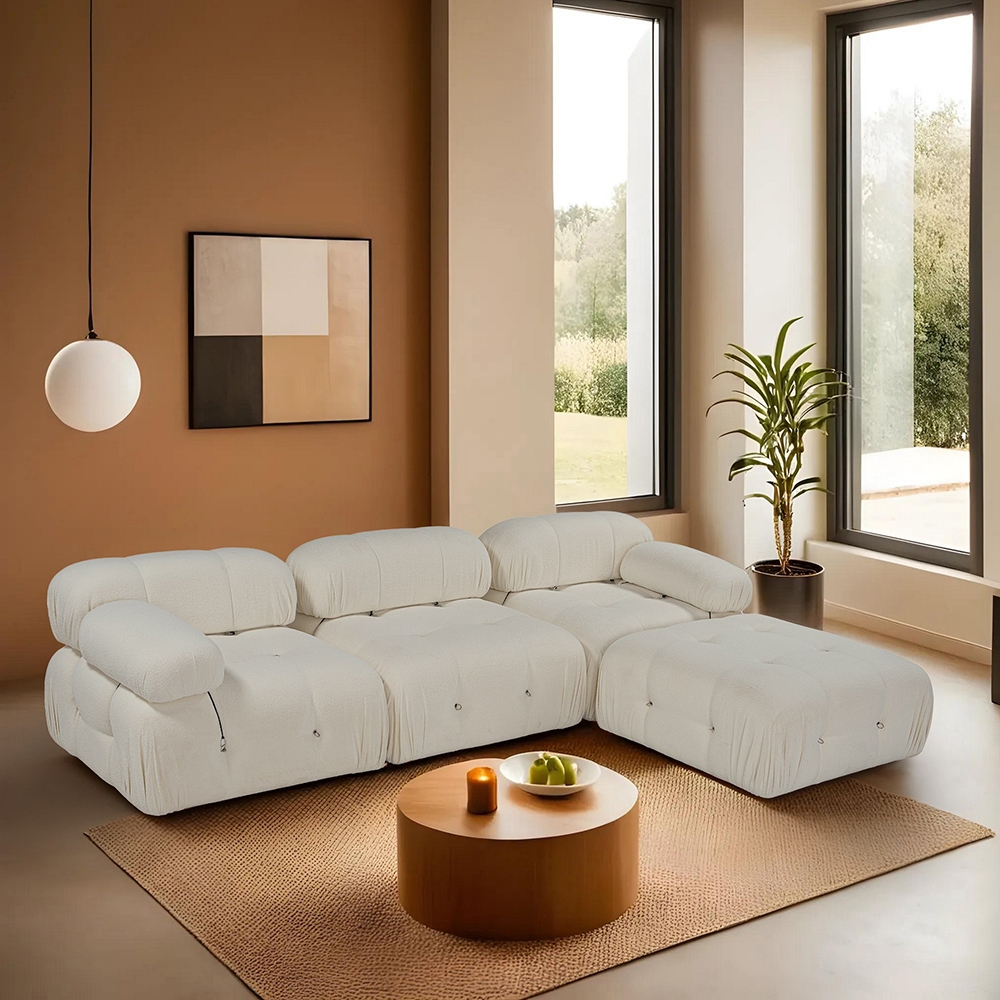 Modulaire 4-zitsbank met voetensteun in witte bouclé Bubble 3SPB Aanbieding Modulaire 4-zitsbank met voetensteun in witte bouclé Bubble 3SPB Aanbieding