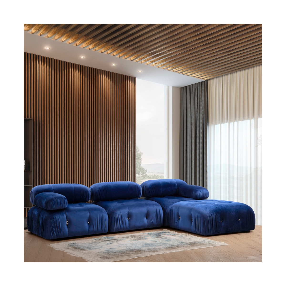 Canapé modulable 4 places bleu avec repose-pieds en velours Bubble 3SPV Promotion Canapé modulable 4 places bleu avec repose-pieds en velours Bubble 3SPV Promotion