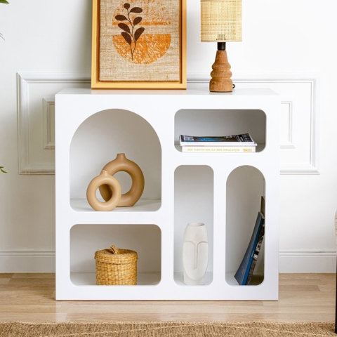 Bibliothèque de sol blanche design avec compartiments courbes 80x37x74cm Lessa Promotion