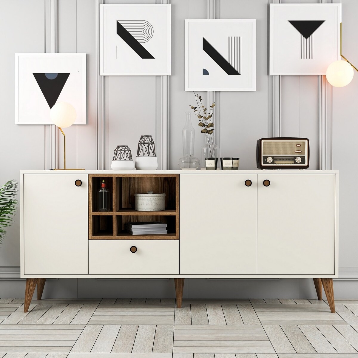 Buffet bas de salon 180x35cm blanc et bois avec portes Napoli Promotion