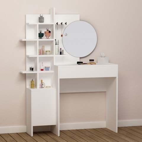 Coiffeuse maquillage blanche avec miroir rond et étagères Mup Promotion