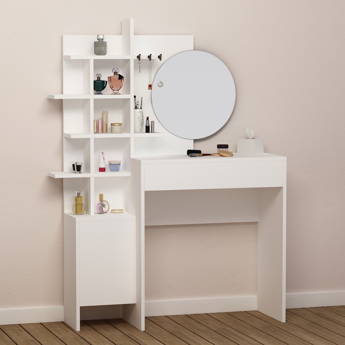 Coiffeuse maquillage blanche avec miroir rond et étagères Mup Promotion