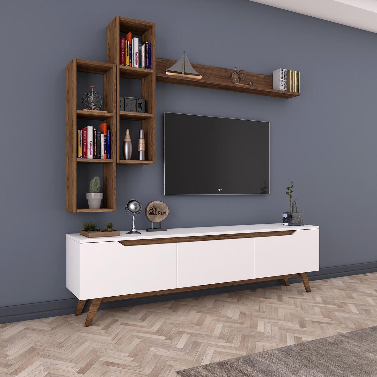 Mur TV avec étagères et niches ouvertes blanc et naturel Sirio Promotion Mur TV avec étagères et niches ouvertes blanc et naturel Sirio Promotion