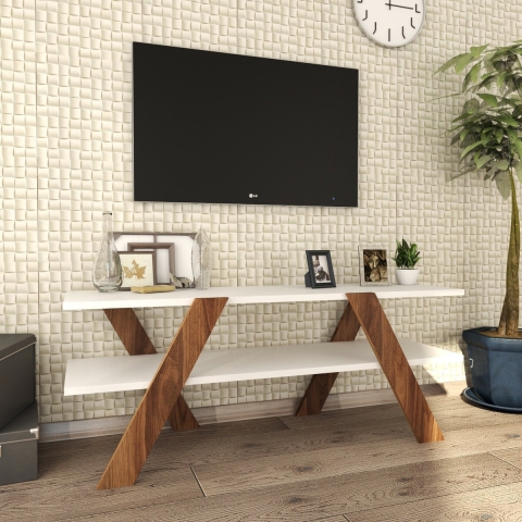Meuble TV design 120 cm blanc et bois avec 2 étagères Basic Promotion