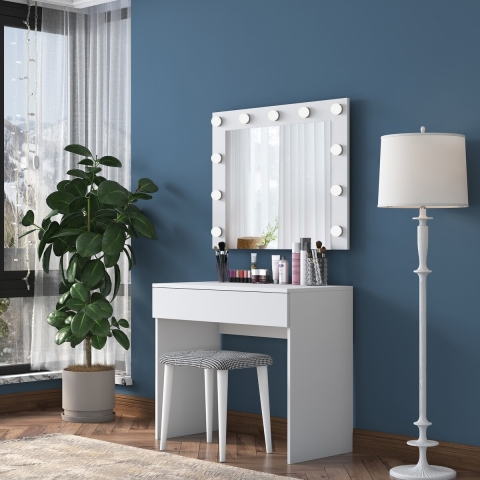 Coiffeuse mobile avec tiroir, miroir LED et tabouret Tabs Promotion