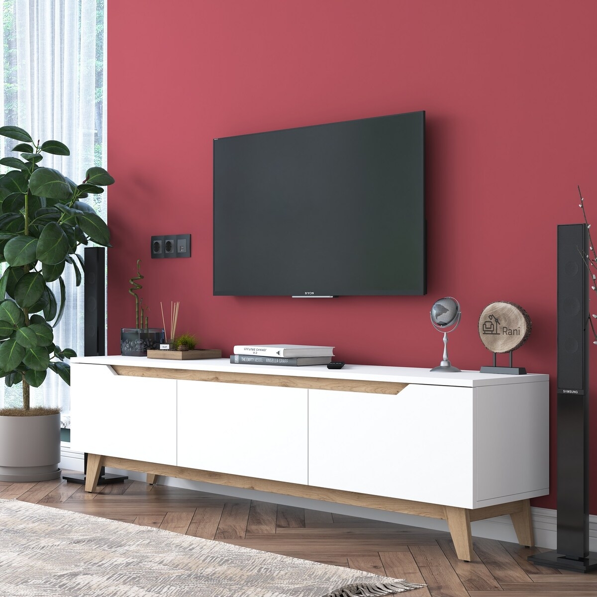 Moderne TV-kast 180cm wit en hout met 3 deuren Amelia Aanbieding Moderne TV-kast 180cm wit en hout met 3 deuren Amelia Aanbieding
