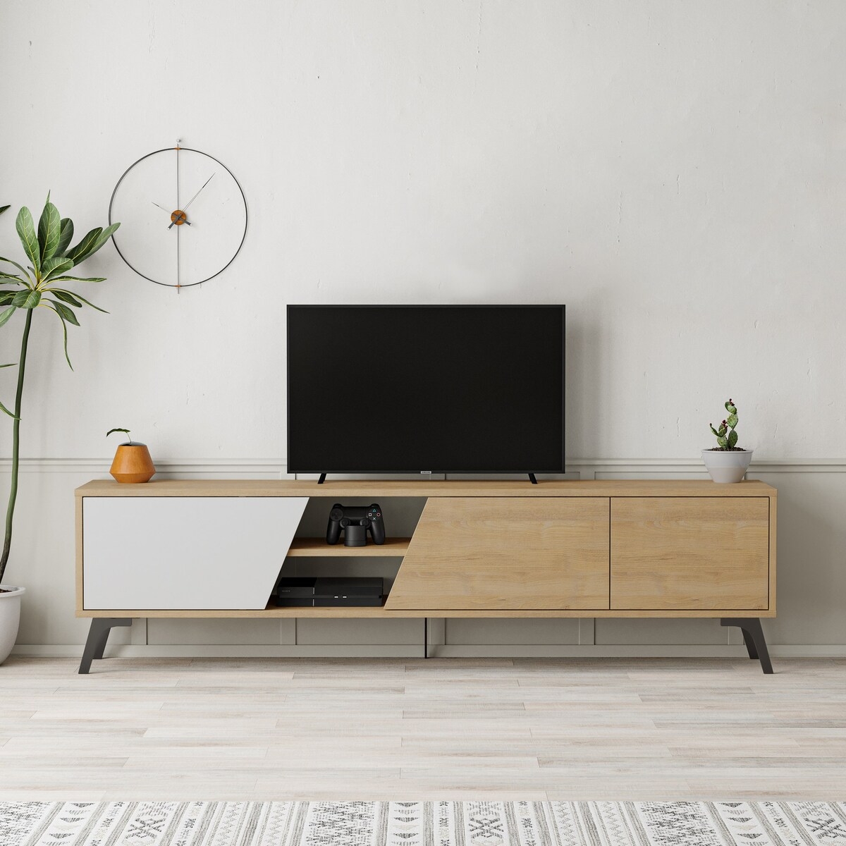 Meuble TV moderne 180 cm avec 3 portes blanc et bois Fiona Promotion Meuble TV moderne 180 cm avec 3 portes blanc et bois Fiona Promotion