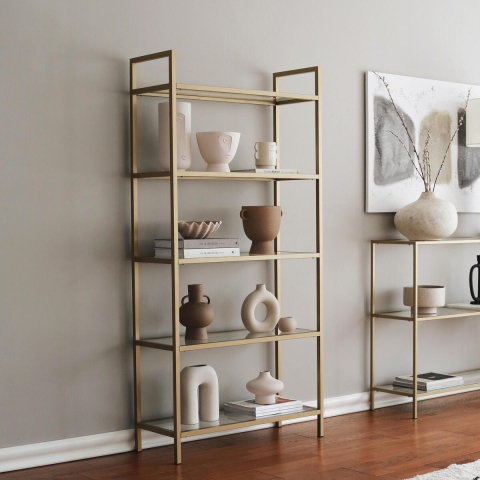 Wandkast h165cm van goudkleurig metaal met glazen planken Lola Tall Aanbieding