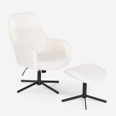 Fauteuil avec repose-pieds en bouclé blanc pour salon bureau Shiro Promotion