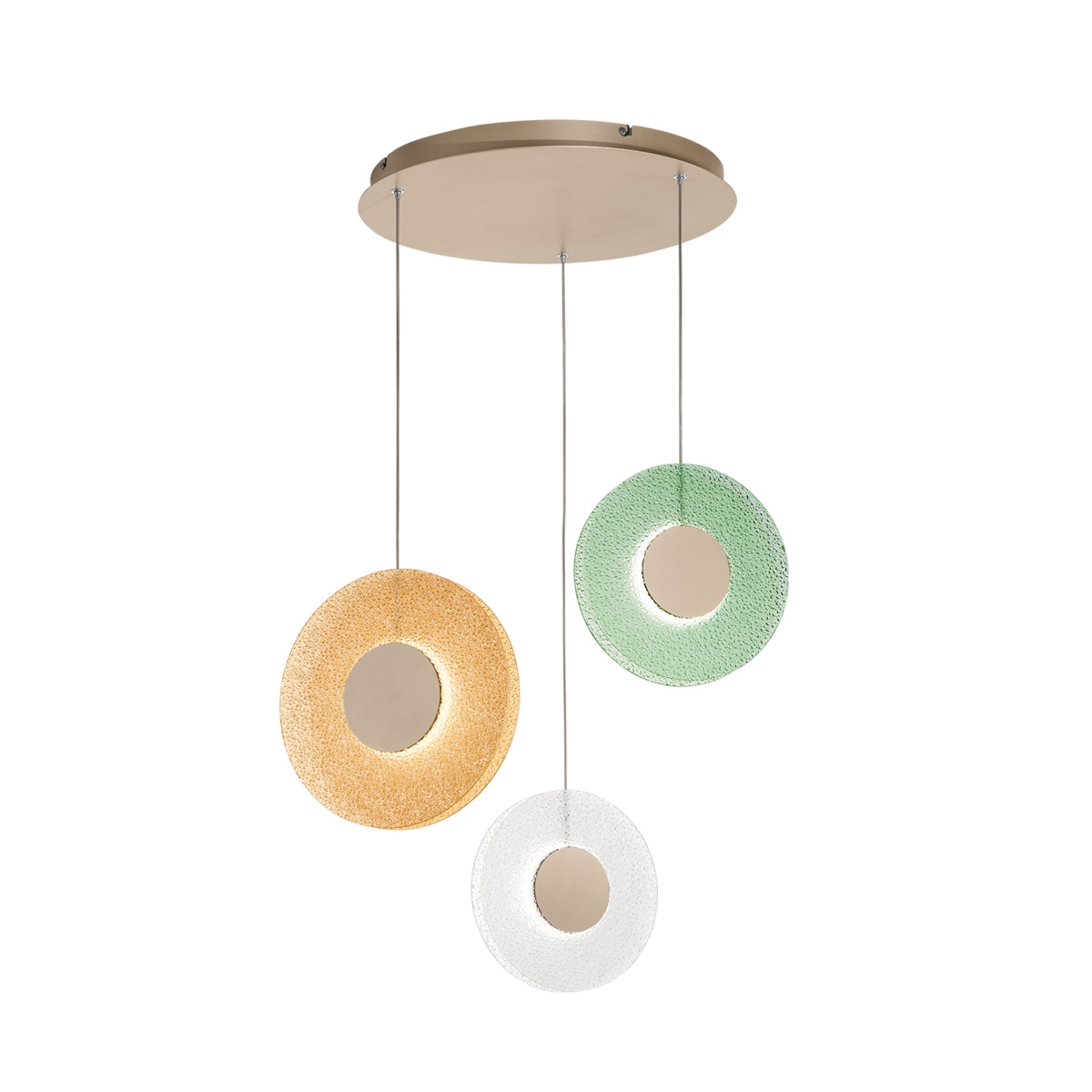 Hanglamp met 3 LED-lichten, glazen en meerkleurig metalen ontwerp Candy XL Aanbieding Hanglamp met 3 LED-lichten, glazen en meerkleurig metalen ontwerp Candy XL Aanbieding
