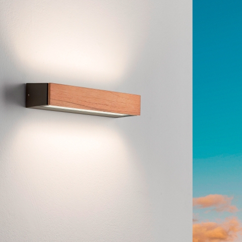 LED muurlamp voor buiten, wandlamp in teak hout en glas Hazel Aanbieding