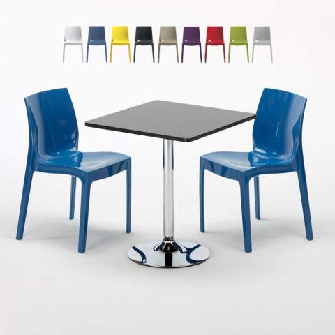 Vierkante salontafel zwart 70x70 cm met stalen onderstel en 2 gekleurde stoelen Ice Mojito
