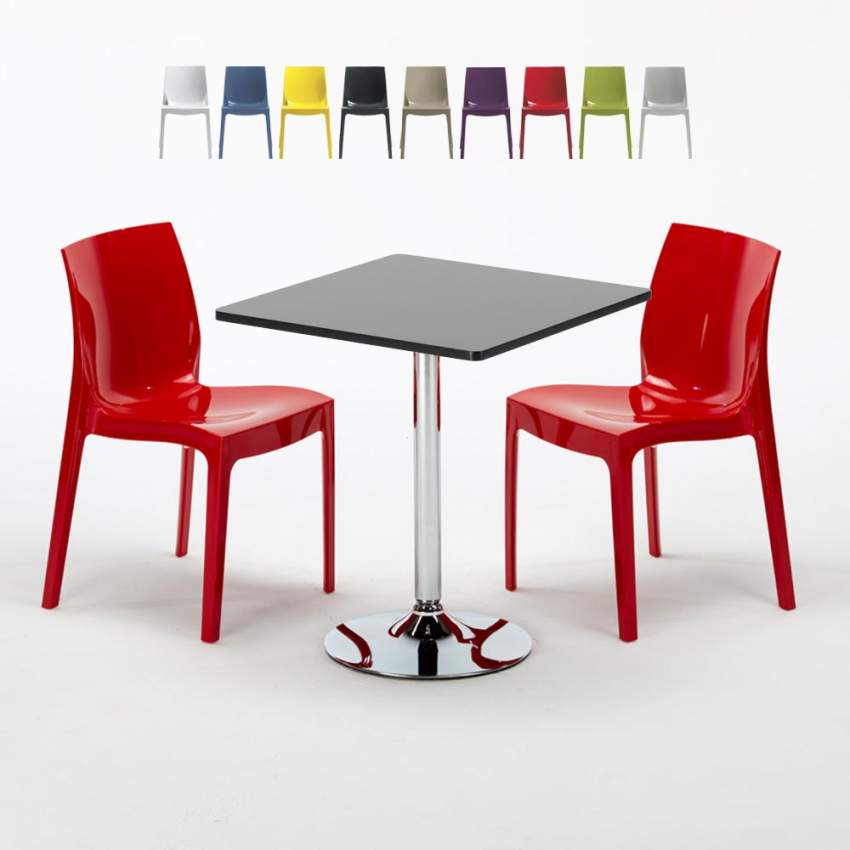Vierkante salontafel zwart 70x70 cm met stalen onderstel en 2 gekleurde stoelen Ice Mojito Voorraad