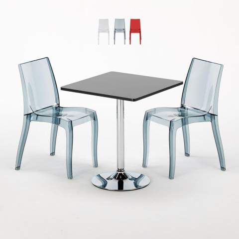 Vierkante salontafel zwart 70x70 cm met stalen onderstel en 2 transparante stoelen Cristal Light Platinum