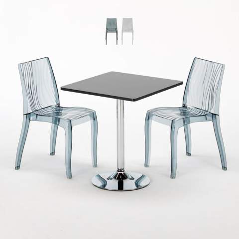 Vierkante salontafel zwart 70x70 cm met stalen onderstel en 2 transparante stoelen Dune Platinum