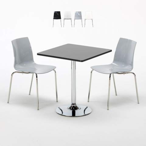 Table Carrée Noire 70x70cm Avec 2 Chaises Colorées Et Transparentes Set Intérieur Bar Café Lollipop Platinum