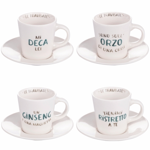 Ensemble de 4 tasses à café en porcelaine avec soucoupe 90 ml avec inscriptions Le Travisate Promotion