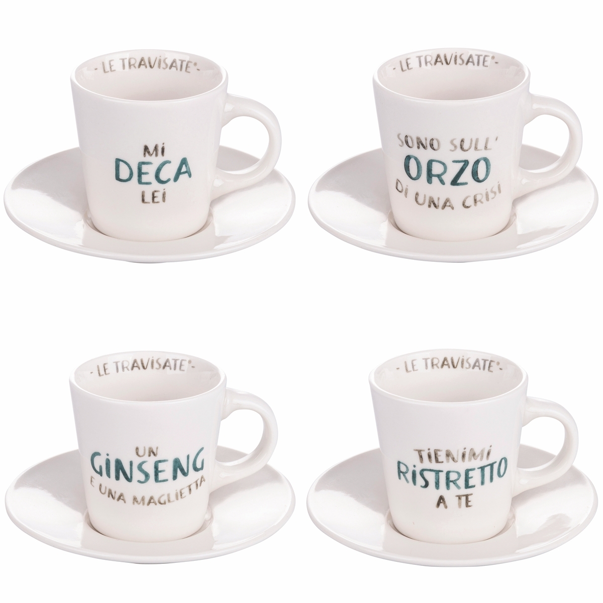 Set van 4 porseleinen espressokopjes met schoteltje 90ml met tekst Le Travisate Aanbieding