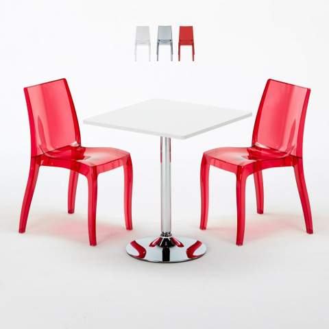 Table Carrée Blanche 70x70cm Avec 2 Chaises Colorées Et Transparentes Set Intérieur Bar Café Cristal Light Titanium