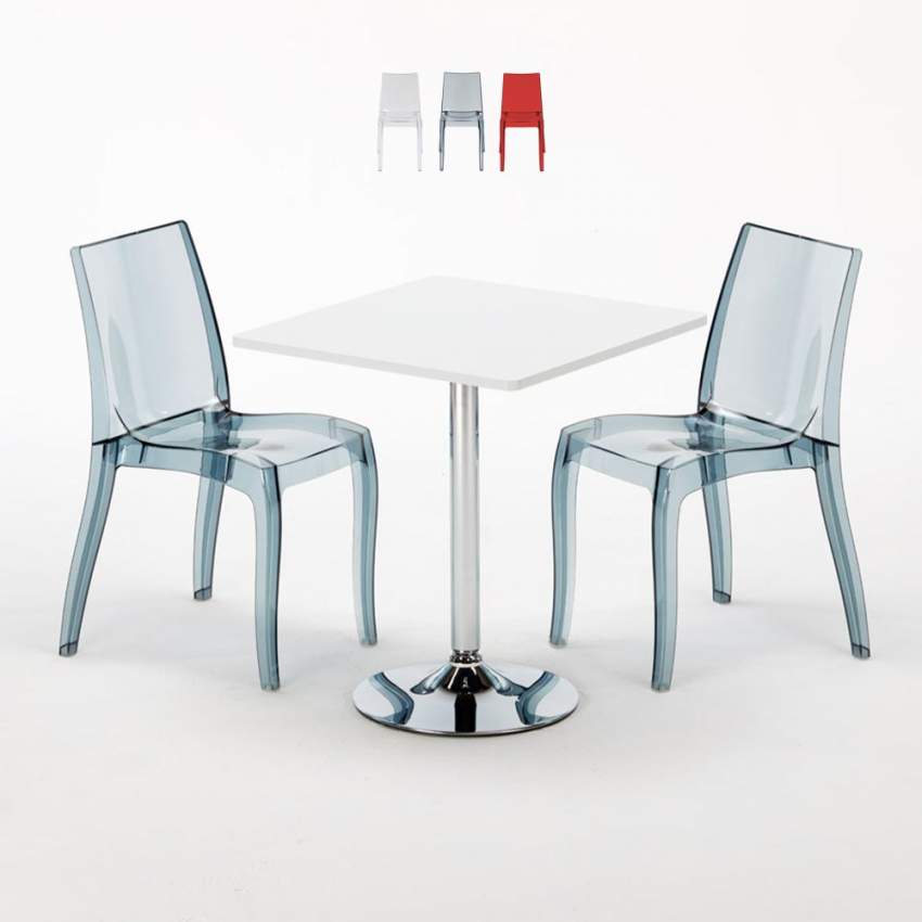 Vierkante salontafel wit 70x70 cm met stalen onderstel en 2 transparante stoelen Cristal Light Titanium Aanbod