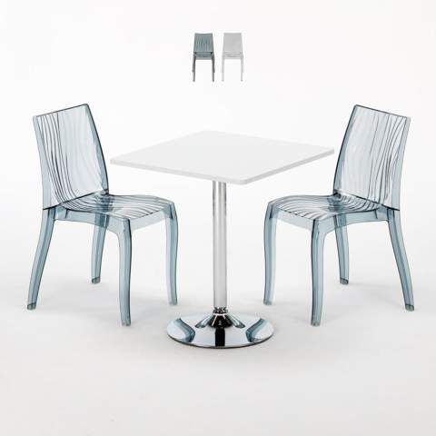 Table Carrée Blanche 70x70cm Avec 2 Chaises Colorées Et Transparentes Set Intérieur Bar Café Dune Titanium