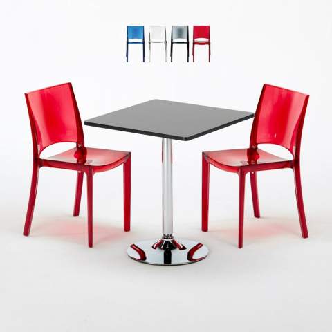 Vierkante salontafel zwart 70x70 cm met stalen onderstel en 2 transparante stoelen B-Side Phantom