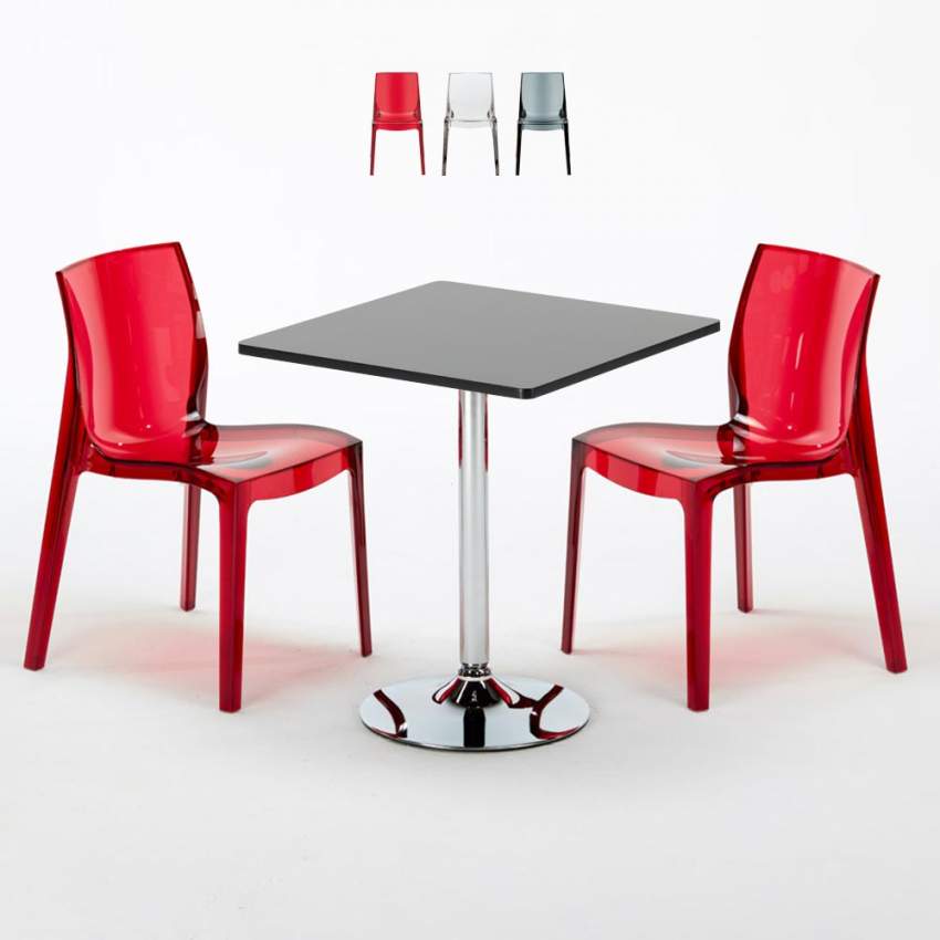 Vierkante salontafel zwart 70x70 cm met stalen onderstel en 2 transparante stoelen Femme Fatale Phantom Aanbieding