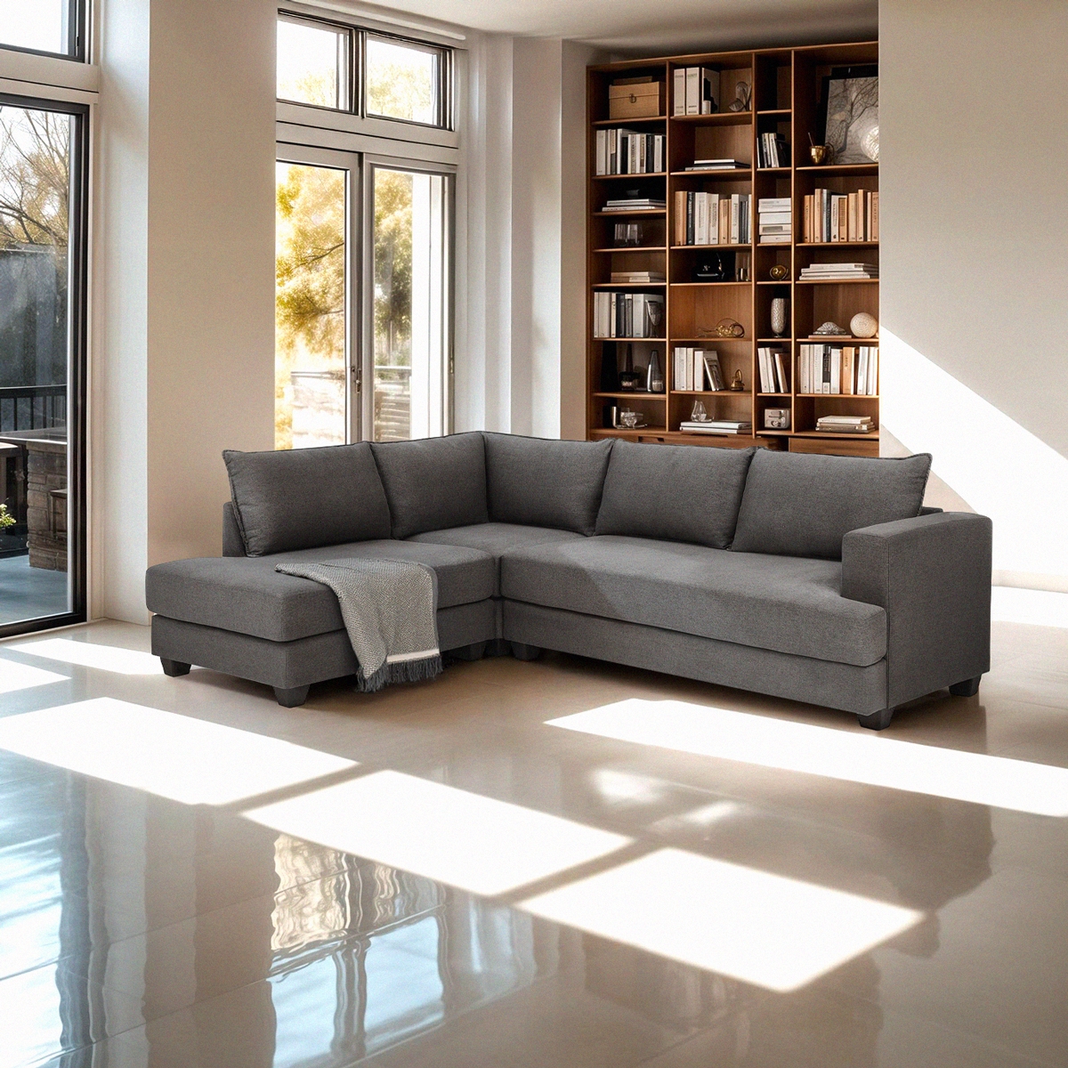Moderne 3-zits design hoekbank in grijze stof Alhena Aanbieding Moderne 3-zits design hoekbank in grijze stof Alhena Aanbieding