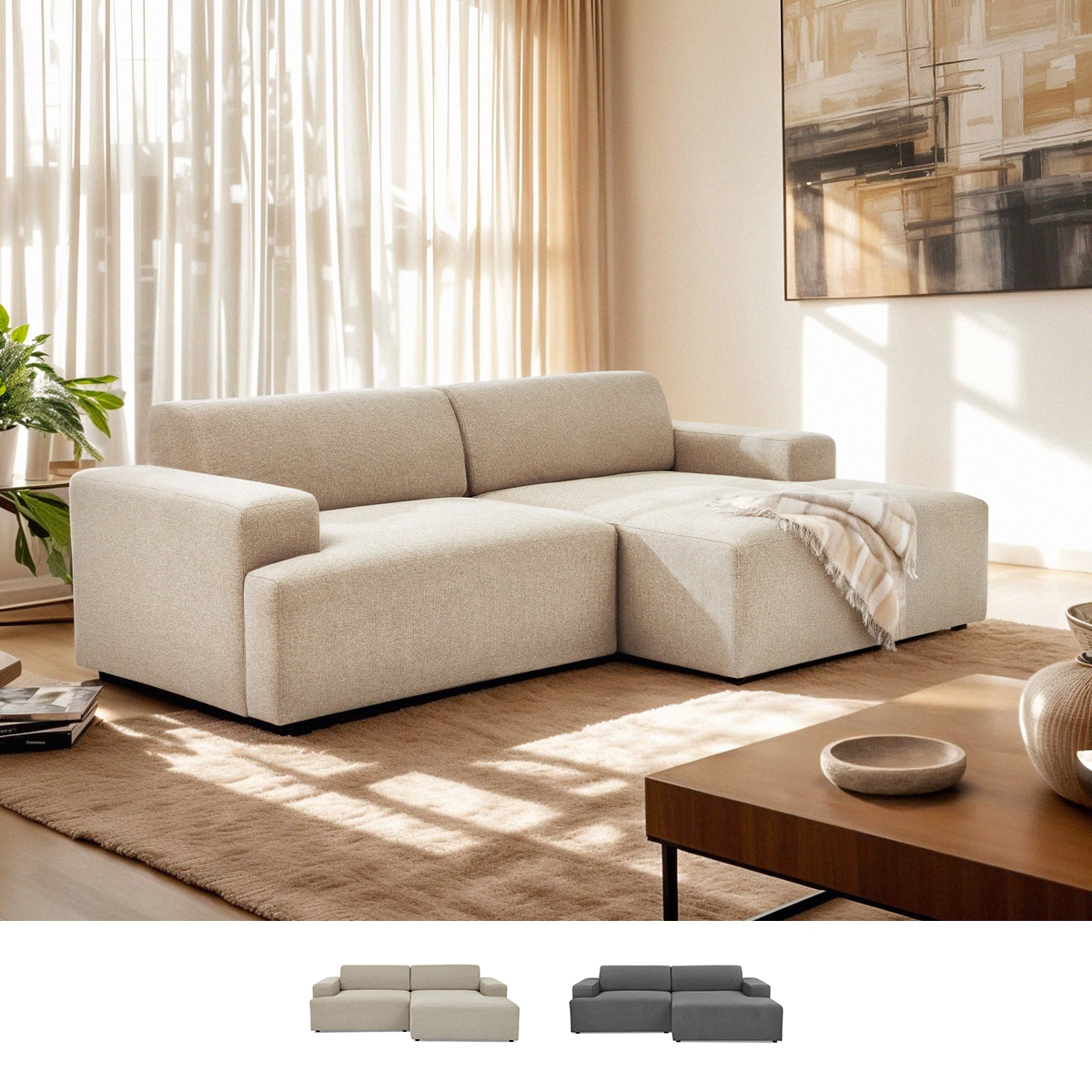 Modern design stoffen 3-zitsbank met chaise longue rechts Toliman Aanbieding Modern design stoffen 3-zitsbank met chaise longue rechts Toliman Aanbieding