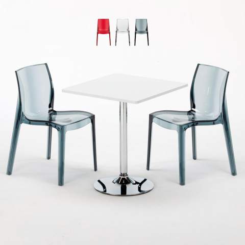 Vierkante salontafel wit 70x70 cm met stalen onderstel en 2 transparante stoelen Femme Fatale Demon