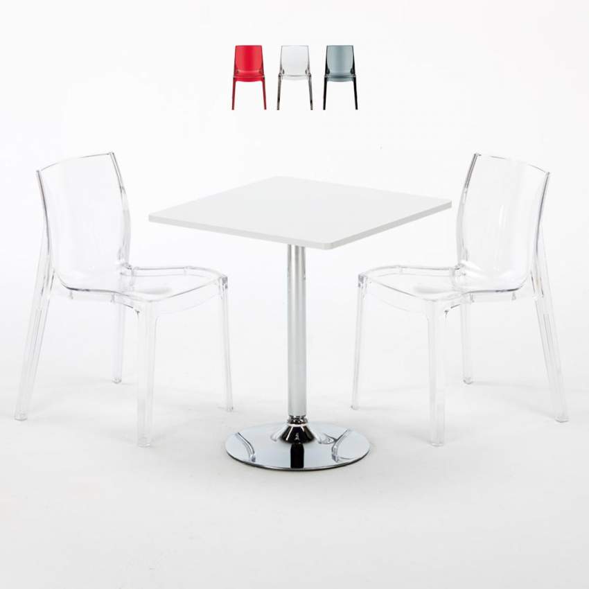 Vierkante salontafel wit 70x70 cm met stalen onderstel en 2 transparante stoelen Femme Fatale Demon Verkoop