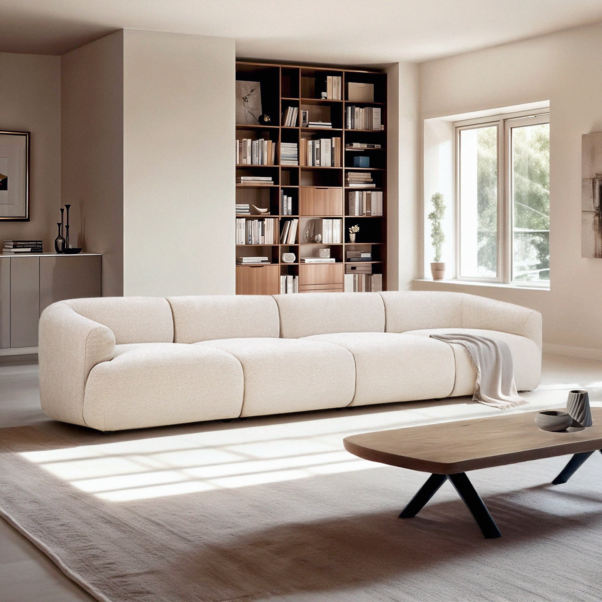 Modulair design bankstel met 4 zitplaatsen in stof Yuna-4 Aanbieding Modulair design bankstel met 4 zitplaatsen in stof Yuna-4 Aanbieding