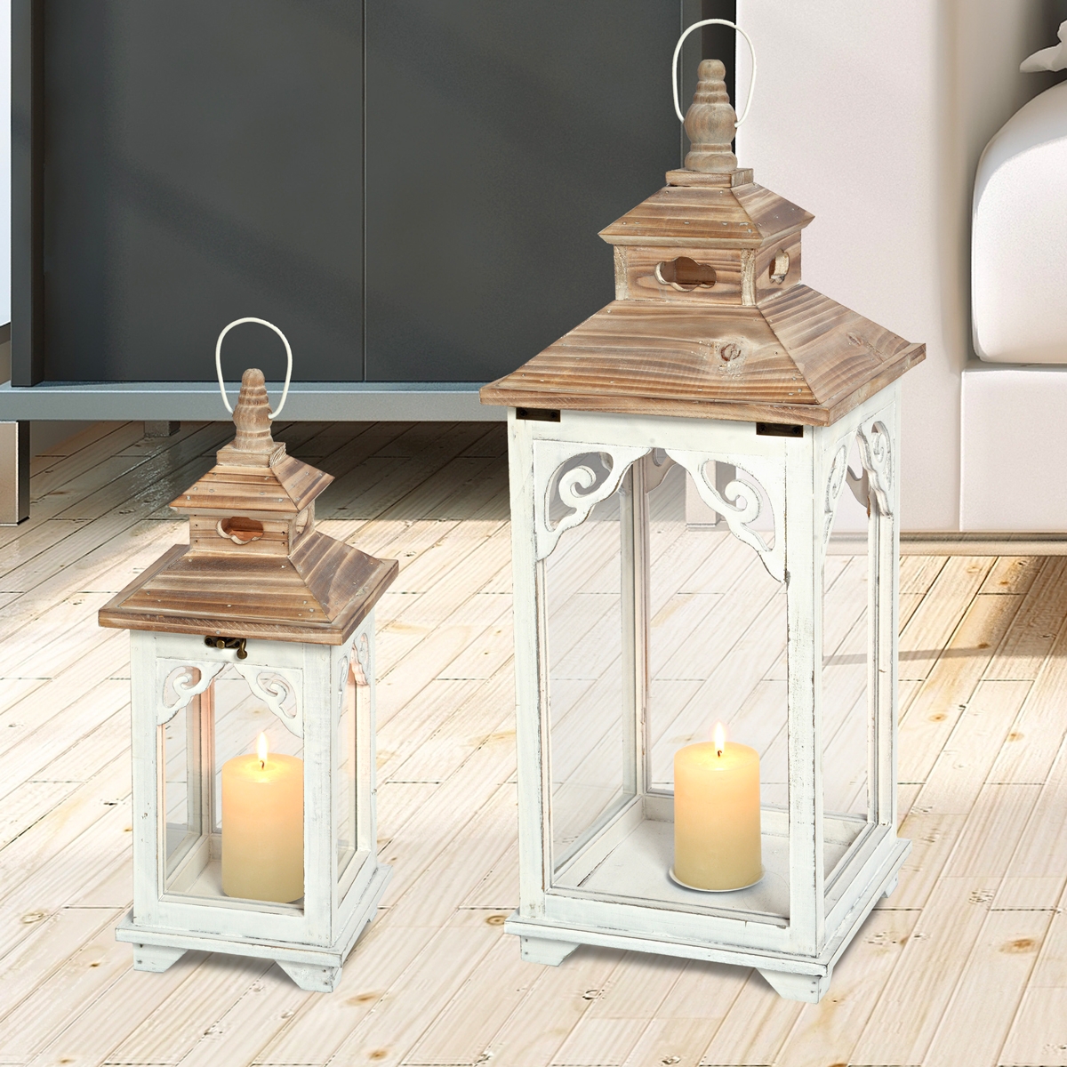 Ensemble de 2 lanternes en bois blanc shabby chic avec bougeoir Copenaghen Promotion Ensemble de 2 lanternes en bois blanc shabby chic avec bougeoir Copenaghen Promotion