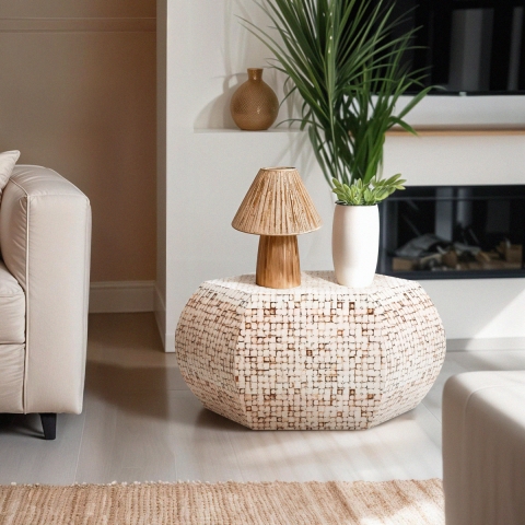 Table basse en bois incrusté de salon style contemporain blanc Zena Promotion