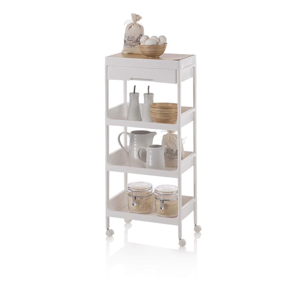 Multifunctionele trolley met 4 planken, lade en wielen Lando C Aanbieding Multifunctionele trolley met 4 planken, lade en wielen Lando C Aanbieding