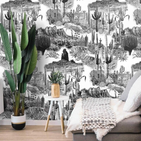 Papier peint adhésif moderne blanc et noir pour salon Cactus Promotion