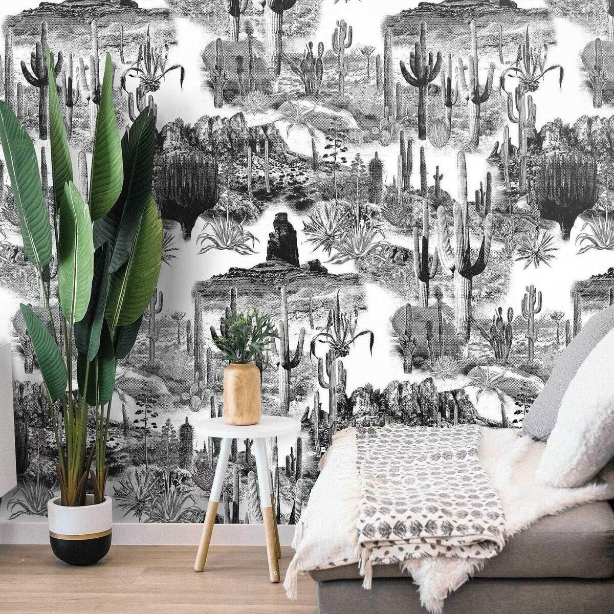 Papier peint adhésif moderne blanc et noir pour salon Cactus Promotion