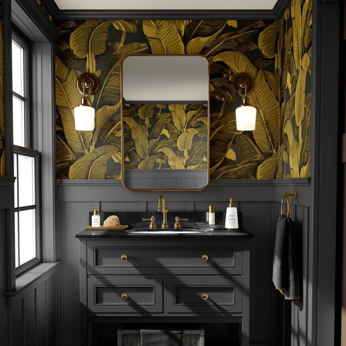 Gouden bloemen behang voor badkamer en slaapkamer Banaanstuik bladeren Aanbieding Gouden bloemen behang voor badkamer en slaapkamer Banaanstuik bladeren Aanbieding