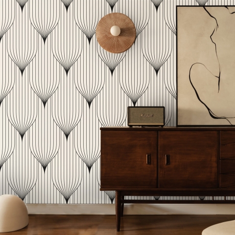 Vintage geometrisch behang in zwart en wit Art Déco-design Aanbieding