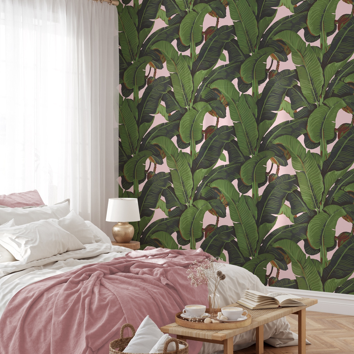 Bloemen jungle behang voor woonkamer Roze Bananenbladeren Aanbieding Bloemen jungle behang voor woonkamer Roze Bananenbladeren Aanbieding