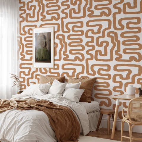 Zelfklevend behang met geometrisch abstract design in wit en hazelnoot. Aanbieding