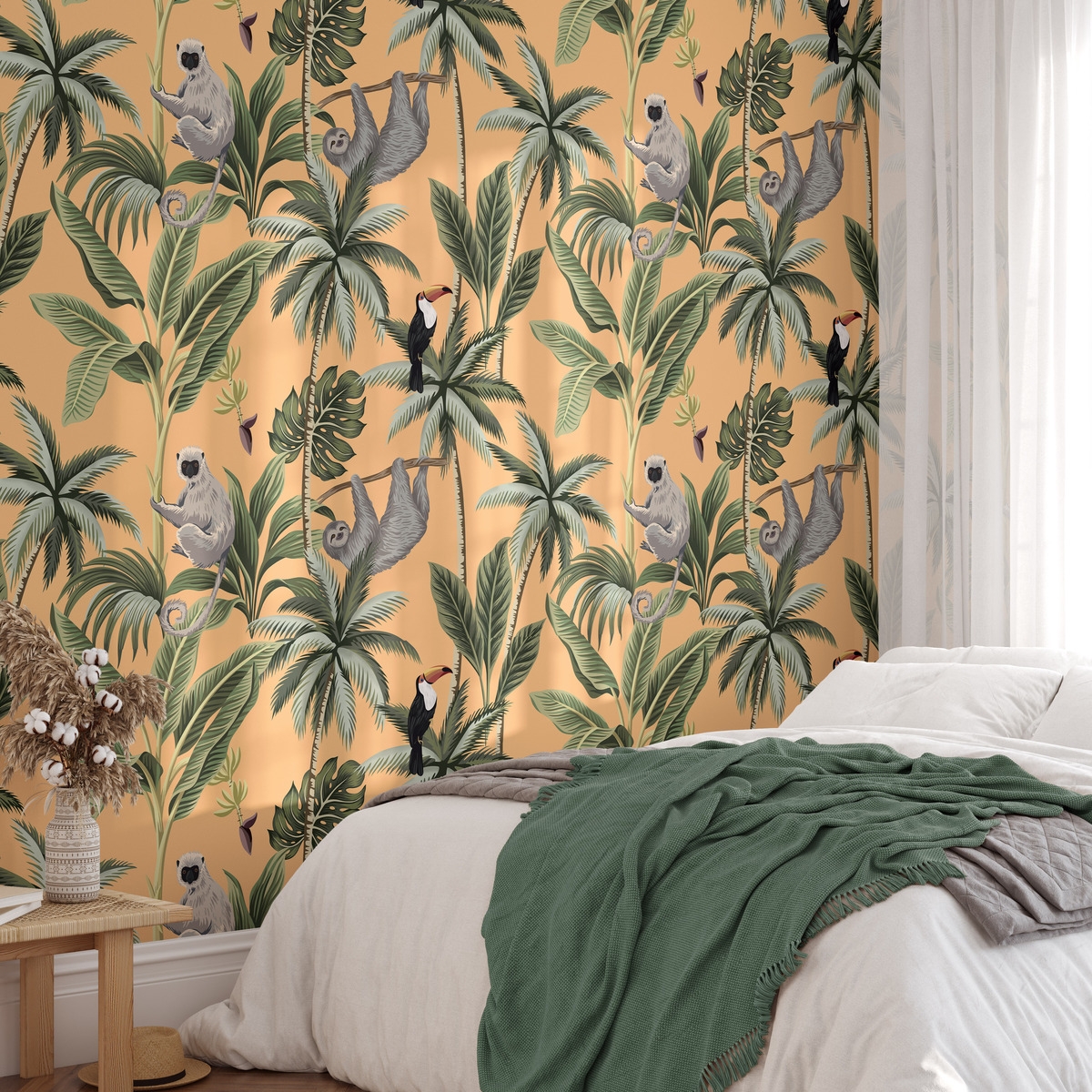 Oranje jungle behang met bladeren en dieren Jungla Tropicale Aanbieding