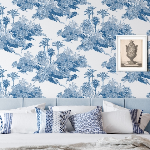 Papier peint vintage forêt blanc et bleu Toile de Jouy Blu Promotion