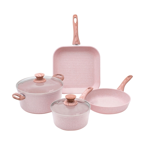 Batterie de cuisine 6 pièces poêle grill pierre rose Stonerose Promotion
